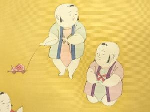 アンティーク　塩瀬　手描き　御所人形模様名古屋帯